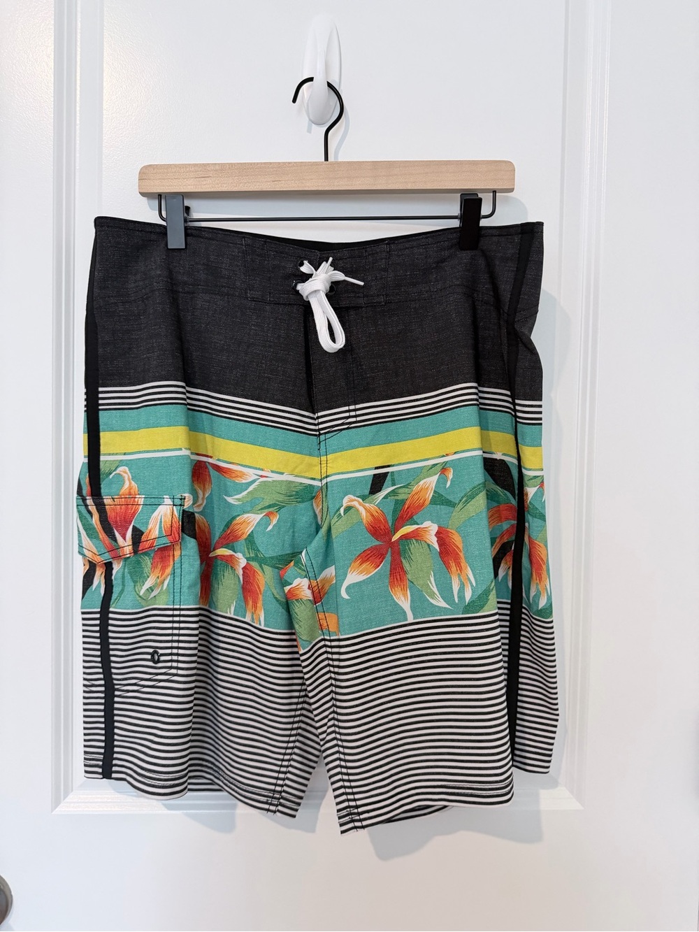 Mossimo Supply Co. Black Board Shorts with Teal, Yellow & Orange Floral Stripe